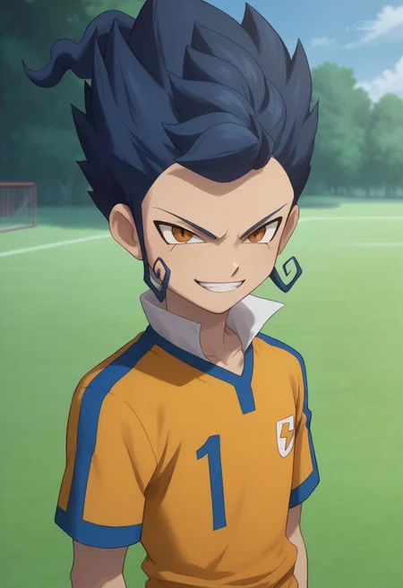 score_9, score_8_up, score_7_up, source_anime, highly detailed, 1boy, solo, male_focus, slender, skinny
tsurugi2, raimon, male focus, 1boy, raimon soccer uniform, solo, sportswear,
soccer uniform, blue hair, upper body, grin,
outdoor,