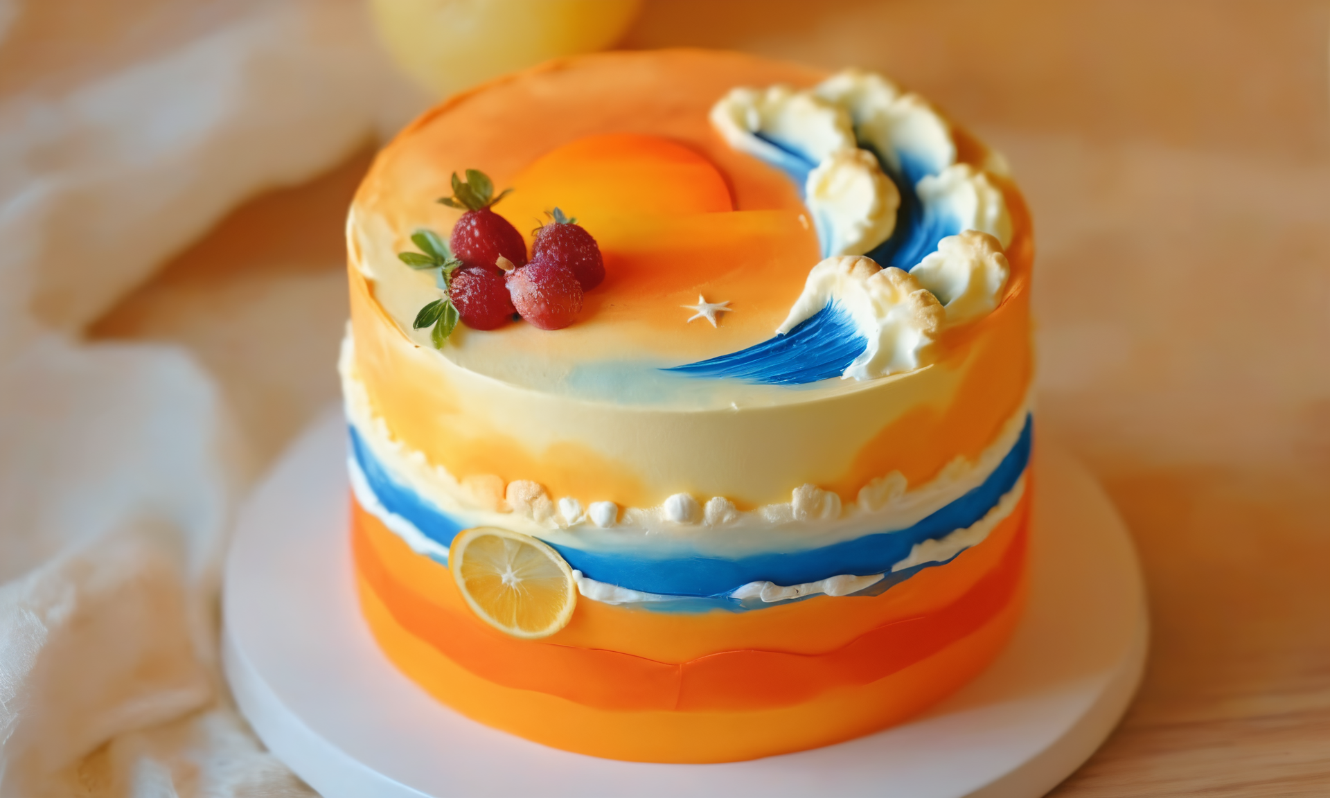 gourmet food photo of <lora:cakecd_xl-000005:0.8>,a single tiered round cakecd_xl was placed on the table,there is a lot of sunset on the cakecd_xl,and on the top was waves,orange theme,simple background,detailed,hi-res photo,indoors,tilt-shift,miniature,cute and lovely,still life,from front,looking at viewer . soft natural lighting,macro details,vibrant colors,fresh ingredients,glistening textures,bokeh background,styled plating,wooden tabletop,garnished,tantalizing,editorial quality,8K,HDR,UHD,masterpiece,best quality,highly detailed,high resolution,finely detail,extremely detailed,ultra detailed,wallpaper