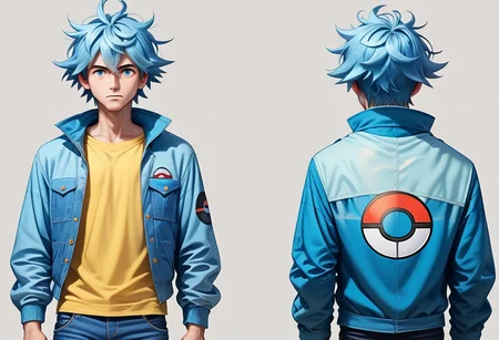 score_9, score_8_up, score_7_up, front view, side view, back view, multiple views, reference sheet, upper body, boy, (light blue) hair, messy hair, blue eyes, pale skin, pokemon trainer, cool jacket and jeans
