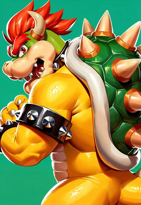 score_9, score_8_up, score_7_up, score_6_up, score_5_up, score_4_up, source_furry, hi res, green background, yellow stars, sfw, side angle, rimlight, solo, Bowser, Spiked Bracelets, Spiked Collar, Spiky Shell, red eyes, open mouth, looking back, looking at viewer, anthro, male, arms crossed