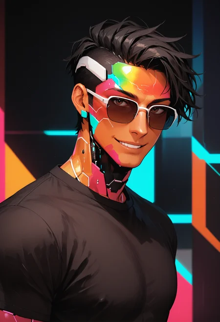 score_9, score_8_up, score_7_up, score_6_up, score_5_up, score_4_up,
<lora:CyberDollsV3.1:1> cyb3rd0lls, android, colorful skin,
, looking at viewer, smile, short hair, shirt, black hair, 1boy, brown eyes, male focus, parted lips, solo focus, sunglasses, looking over eyewear