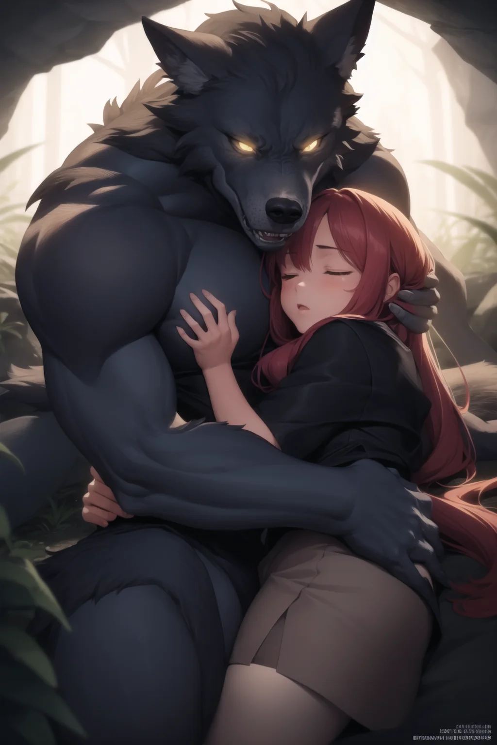 <lora:werewolf_v0.2:1>
1girl, 1boy, werewolf, sleeping, cave, dark,backlighting, hug, size difference, monster, face, close-up, lying, spooning, mature female,, masterpiece, best quality, highly detailed