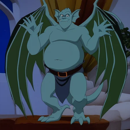broadway, gargoyle, aquamarine skin, loincloth, belt, big, standing very tall, belly, highly detailed, open wings, tail, big body, waving hand to viewer, full body, in a bedroom
