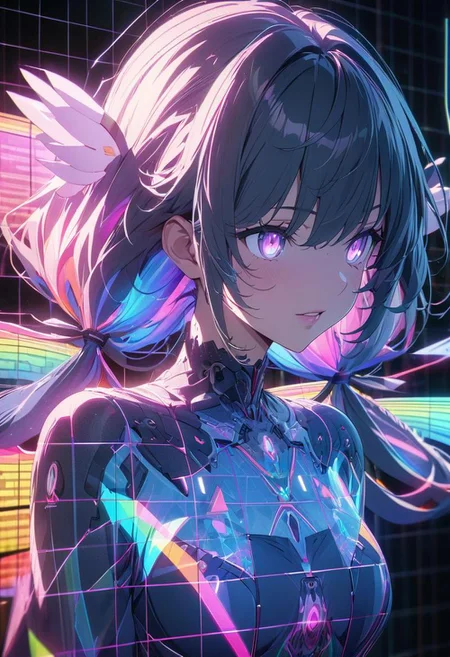 gorgeous lips, cinematic, (masterpiece), (best quality), (ultra-detailed), very aesthetic, illustration, perfect composition, intricate details, absurdres, detailed face, (anime, masterpiece, intricate:1.3), (best quality, hires textures, high detail:1.2), (4k),(incredibly detailed:1.4)
Hologram girl, hologram, no humans, outline only, wireframe, glowing wireframe, pretty girl, rainbow hologram, futuristic, transparent body, void body, only outline neon tube, twintails, low twintails, fluffy hair, rainbow colors, small wings, aesthetic grid, silhouette ,more_prism background, vibrant color, more_details:1.5