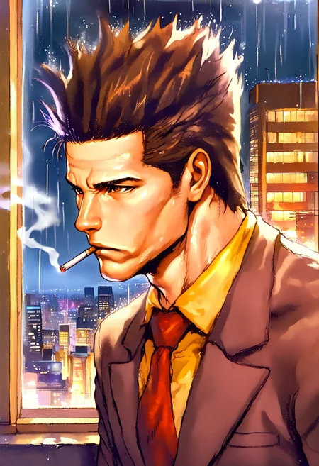 masterpiece, best quality, amazing quality, very aesthetic, absurdres, newest, jhunteribilxl leaning out a window, jhunterilxl, 1boy, male focus, mature male, clean shaven, tall raised hair, brown hair, red necktie, brown suit, toned male, tall, yellow shirt, brown eyes, night, cityscape, serious expression, view from the side, smoking, cigarette, close up, rain, FMIXF, vibrant details, dutch angle