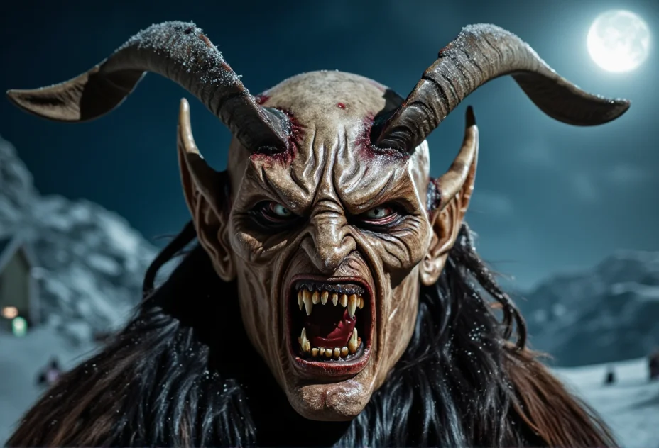A close-up of a Krampus mask, showcasing intricate, frost-covered horns with soft ambient lighting to enhance the mystical atmosphere. The mask is adorned with charred and cracked surfaces, creating a sinister and captivating look. The background features an icy, moonlit night, ensuring the mask remains the main focus, in sharp focus with crisp details.<lora:bv-krampus-v1.safetensors:1.0:1.0>