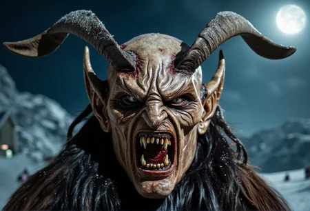 A close-up of a Krampus mask, showcasing intricate, frost-covered horns with soft ambient lighting to enhance the mystical atmosphere. The mask is adorned with charred and cracked surfaces, creating a sinister and captivating look. The background features an icy, moonlit night, ensuring the mask remains the main focus, in sharp focus with crisp details.<lora:bv-krampus-v1.safetensors:1.0:1.0>
