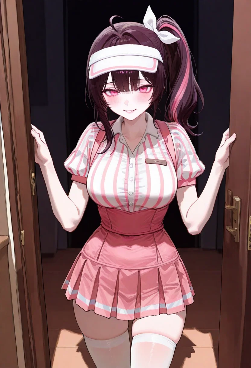 large breasts, detailed body, detailed eyes, narrow waist, (dynamic pose:1.2), upper body,
mature female, korean, korean idol, (mature eyes:1.2),
(pale skin:1.1), (blush:1.2), looking at viewer,
(1girl, solo:1.1), indoors, open door, pov,
complexion, healthy glow, long waist, long legs,
masterpiece, best quality, good quality, newest, very aesthetic, absurdres,
<lora:주ì ì_주르르__Jururu_Petrol_Station_Clothes:0.8> petrolruru, purple hair, pink eyes, pink streaked hair, side ponytail, thighhighs, skirt, short sleeves, pantyhose, shirt, white pantyhose, visor cap, striped shirt, bow, smile, collared shirt, (microskirt:1.1), pleated skirt, cowlick,