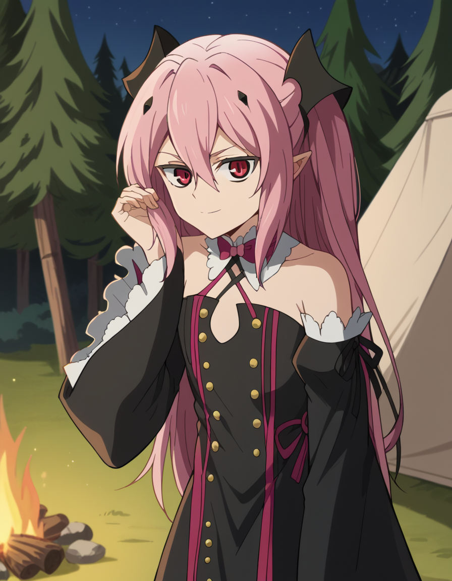 score_9, score_8_up, score_7_up, source_anime, <lora:krul-tepes-s2-ponyxl-lora-nochekaiser:1>, krul tepes, long hair, red eyes, pink hair, pointy ears, hair ornament, anime screencap, dress, bare shoulders, detached sleeves, wide sleeves, detached collar, black dress, bowtie,, camping, bonfire, tent, stargazing, marshmallows, forest clearing, night, smile, <lora:tucking-hair-ponyxl-lora-nochekaiser:1>, tucking hair, adjusting hair, hand on own hair, hair behind ear,, looking at viewer, solo,, dutch angle, cowboy shot