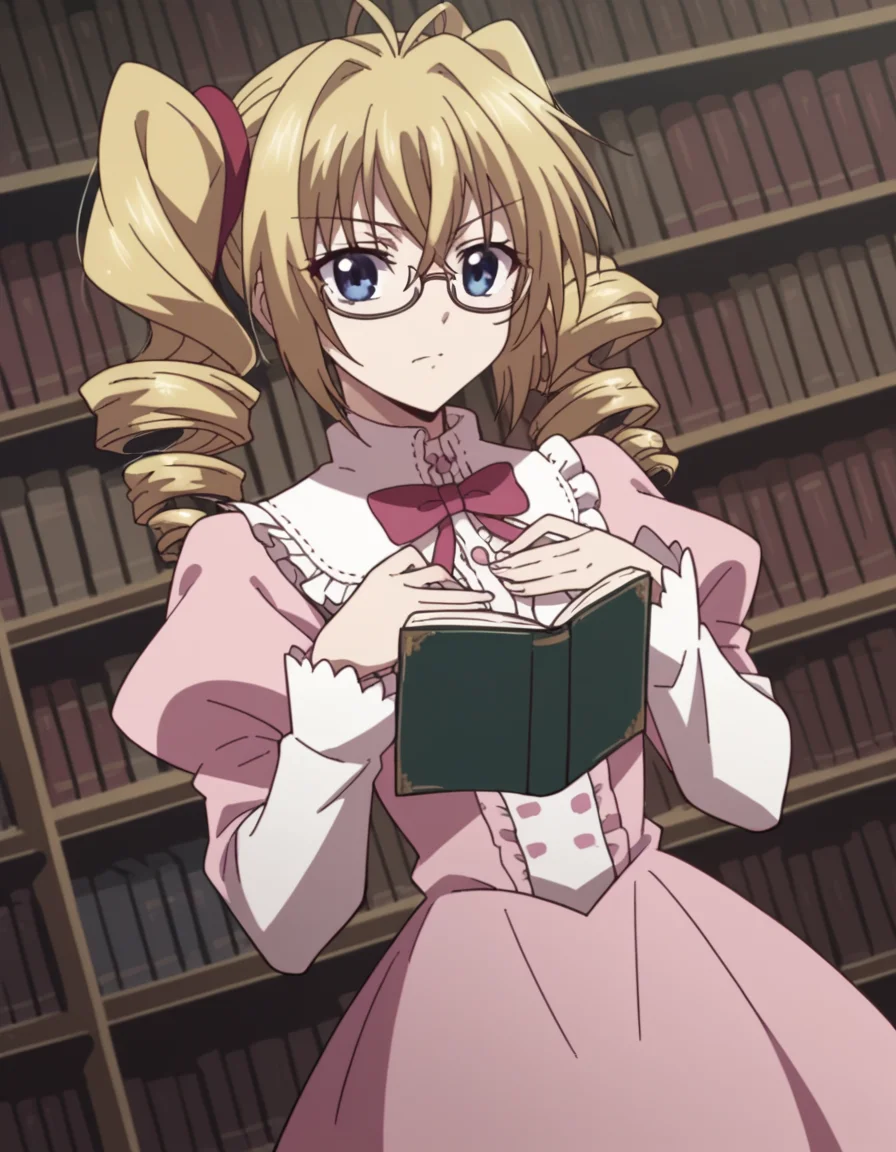 score_9, score_8_up, score_7_up, source_anime, <lora:ravel-phenex-s1-ponyxl-lora-nochekaiser:1>, ravel phenex, blue eyes, blonde hair, twintails, drill hair, antenna hair, medium breasts, dress, bow, pink dress, puffy sleeves, long sleeves, frills,, library, reading books, glasses, quiet, focused, shelves of books, , , hands on own chest,, solo,, cowboy shot, dutch angle,
