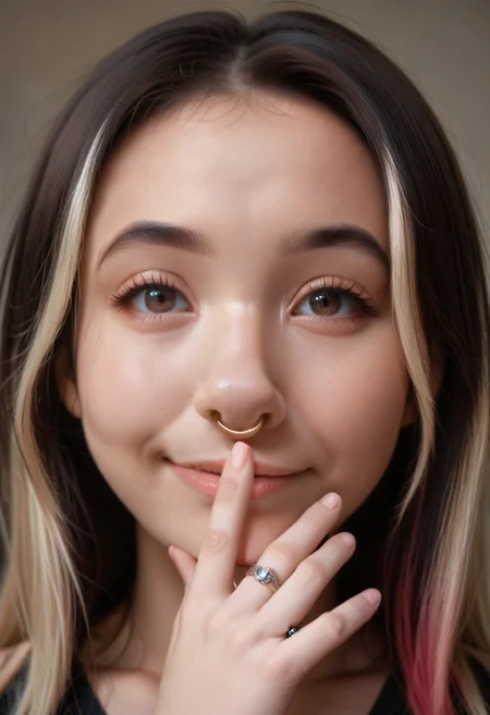 (ring in nose:1.1), (best quality:1.2), 1girl, portrait, perfect face, perfect eyes, closeup shot, asian, blond highlights, smile
