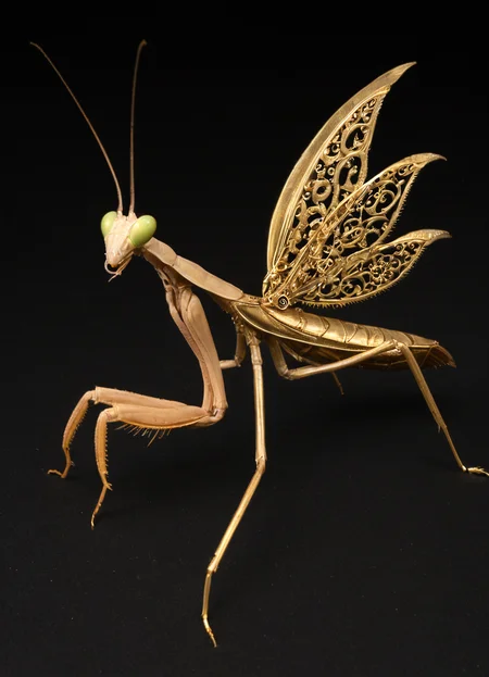 praying mantis, composed of gold filigree and clockwork gears, steampunk insect, studio lighting, mechanical surrealism <lora:mantis_lora_f16:0.8000000000000002>