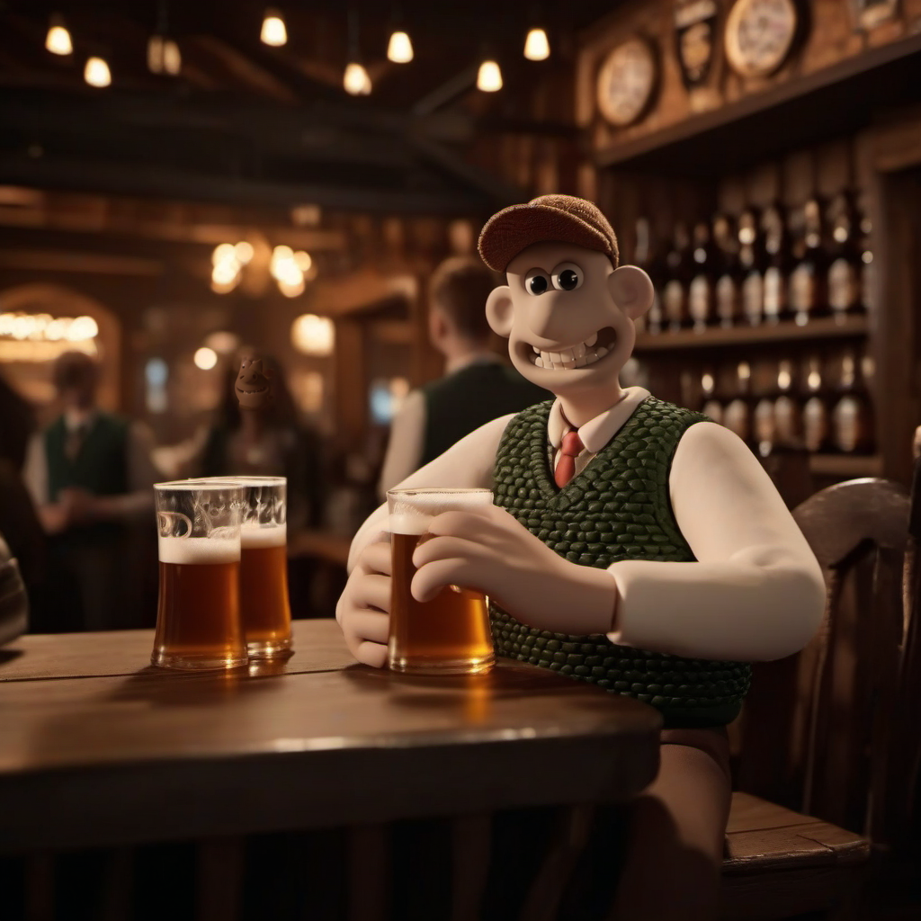 cinematic photo 1boy, whool vest,  teeth, having a beer in pub <lora:WallaceGromit1024:0.8> . 35mm photograph, film, bokeh, professional, 4k, highly detailed
