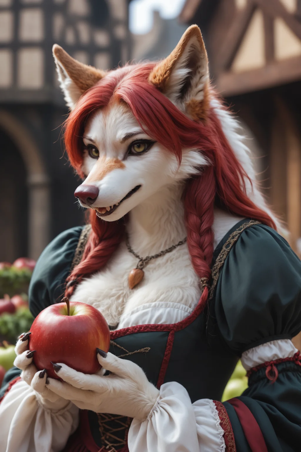 closeup photp of a red haired anthro wolf female,
holding an apple, wearing medieval drees is eating a apple, wolf ears, wolf tail with white tip
,anthro,furry