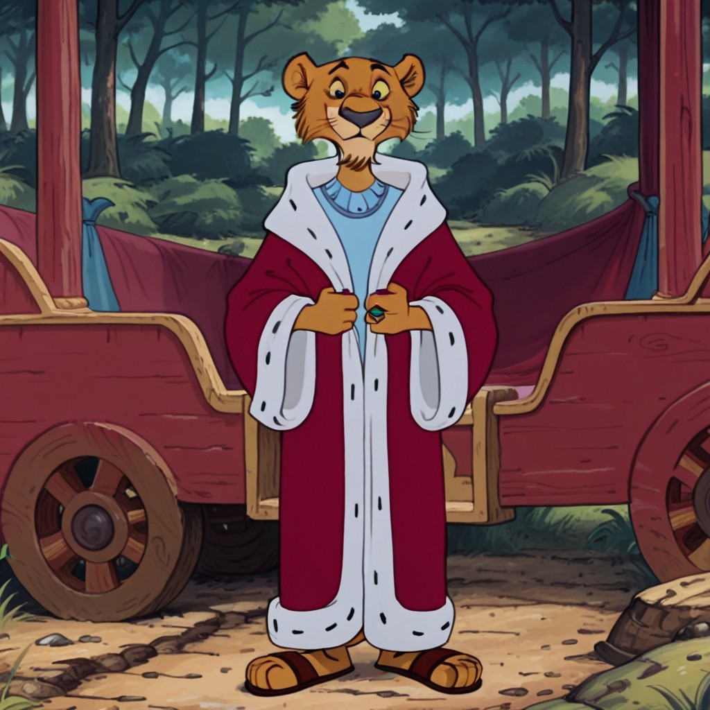 masterpiece, best quality, amazing quality, princejohnRHil, semi-anthro, male, lion, orange fur, yellow sclera, black eyes, red robe, brown sandals, blue shirt, jewelry, ring,  standing, in forest,, <lora:cac9cc05-9857-4d94-9351-c35f23bc7c08:1.0>