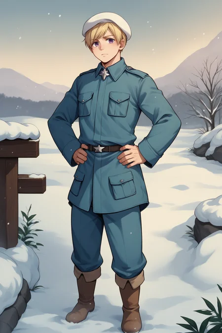 score_9, score_8_up, source_anime, 1boy, male focus, solo, <lora:NSFinlandHetalia:1> NSFinlandHetalia purple eyes, blonde hair, blue military uniform, brown tall boots, white hat, beret, snow, outdoors, looking at the viewer, hands on hips