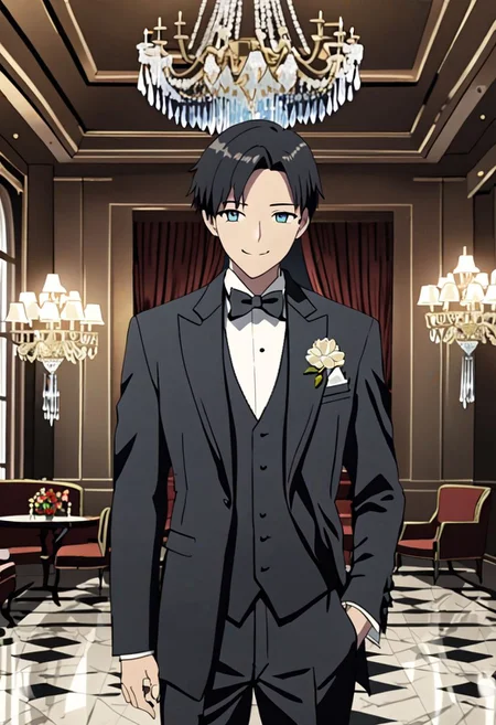 Highres, Masterpiece, High Quality, 4K, 8K, solo, 1Boy, Takaki Toono, adult, black hair, short hair, ballroom, luxury hotel, luxury room, marble floor, crystal chandelier, classic ornaments, tuxedo, smile, musterius, classy, confident, rich, easynegative, detailed_eye_model
