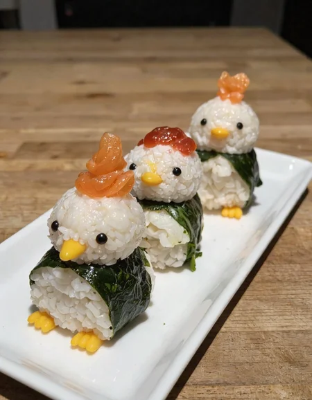 This is a photograph of a Japanese-style sushi dish that has been crafted into the shape of a penguin. The sushi is arranged on a white rectangular plate with a clean, minimalist background. There are three penguins depicted, each with a distinct topping. The penguins are made from a combination of white rice and dark green seaweed, resembling the penguin's body. The head of each penguin is formed from white rice, with a small, simple dot for the eye and a line for the beak. The top of the head is adorned with a piece of orange seaweed that has been shaped into a curly, feathery appearance, resembling a crest. The body of each penguin has a piece of dark green seaweed wrapped around it, mimicking the penguin's feathers. On top of the penguins are various toppings, each adding a different element to the character: one has a slice of red pickled ginger, one has a piece of orange salmon roe, and the third has a slice of red pickled ginger. The overall presentation is clean and artistic, with the sushi arranged in a way that emphasizes the cute and playful nature of the dish.