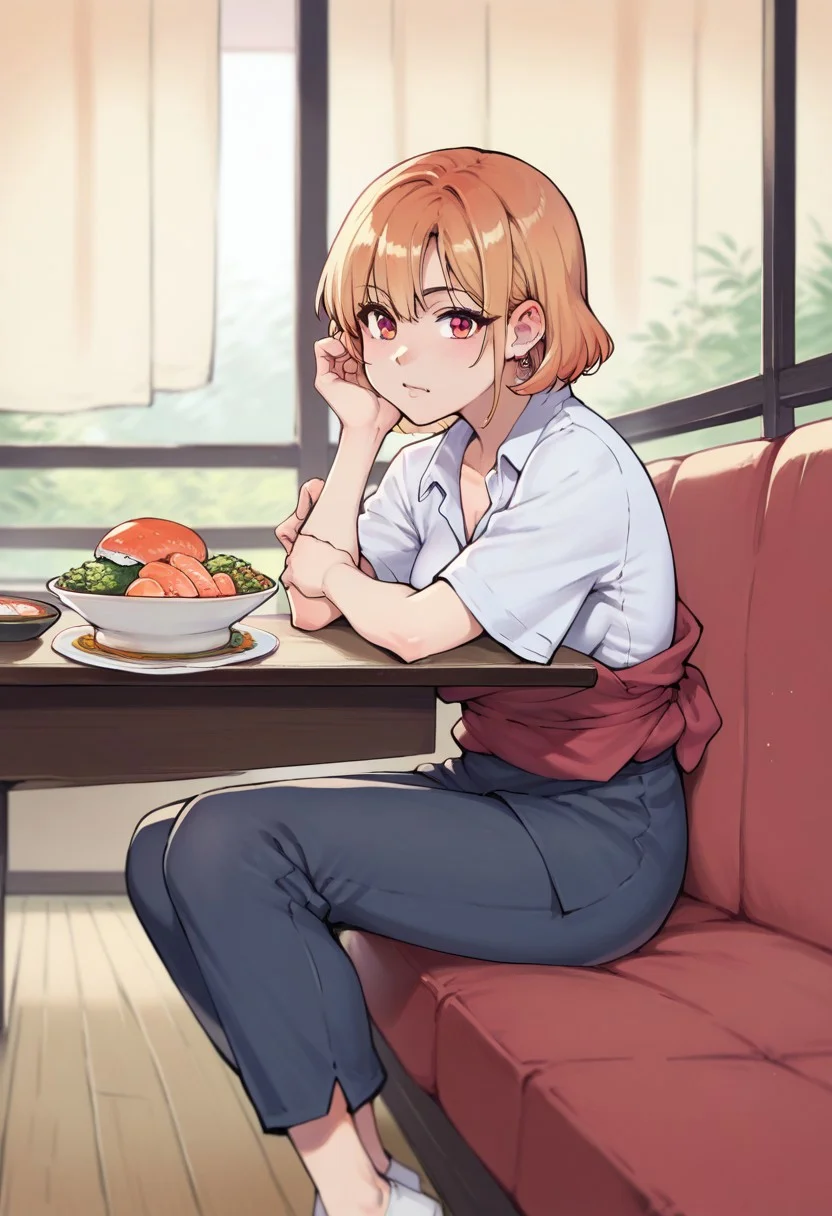 score_9, score_8_up, score_7_up, score_6_up, score_5_up, score_4_up, shiwasu_no_okina_style, 1girl, sitting in a sushi restaurant, source_anime, rating_questionable
