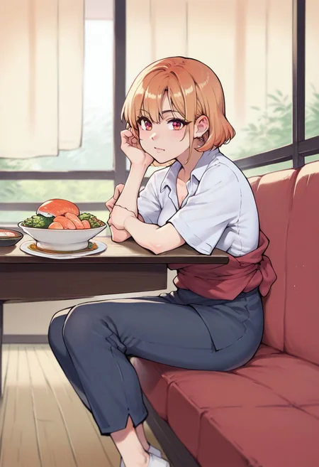 score_9, score_8_up, score_7_up, score_6_up, score_5_up, score_4_up, shiwasu_no_okina_style, 1girl, sitting in a sushi restaurant, source_anime, rating_questionable
