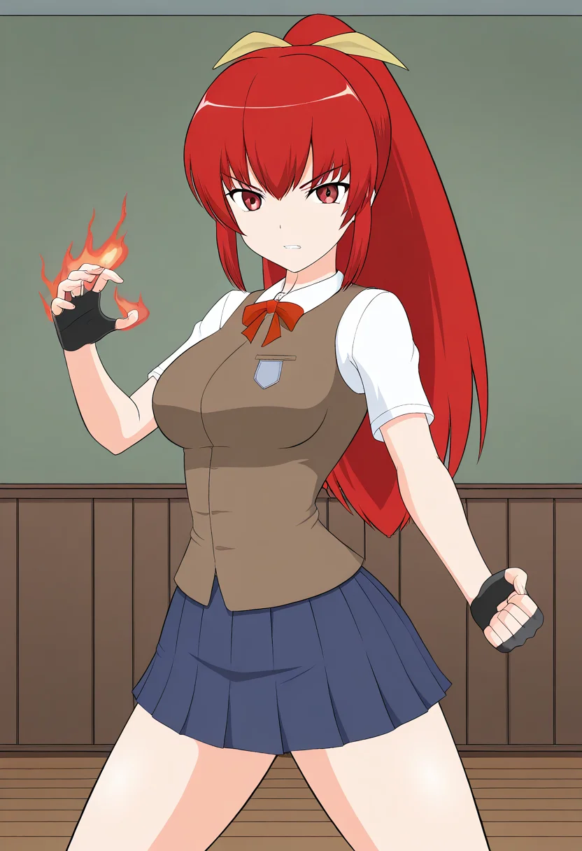 1girl, solo, satsukirindorival, red hair, ponytail, hair ribbon, red eyes, shirt, short sleeves, vest, breasts, skirt, fingerless gloves, school uniform, indoors, clenched teeth, serious, fighting stance, glowing hands, cowboy shot, straight on, facing the viewer,
