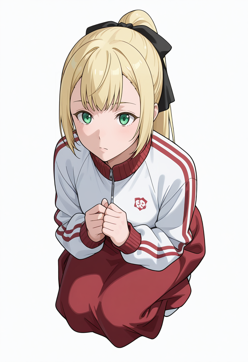 Smooth Quality,masterpiece,very intricate, high quality details, ultra realistic, high detailed skin,detailed enviorement,absurdres,
simple background, white background, 
from above,crouching, hands together, foot forward, intense, ready,  ,kubrick stare,
kimono,  ,track jacket, ,balloon skirt,  ,
 <lora:Rituscnn:0.8> rituscnn, 1girl, blonde hair, green eyes, long hair, ponytail,