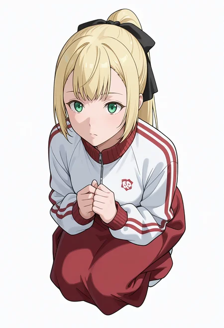 Smooth Quality,masterpiece,very intricate, high quality details, ultra realistic, high detailed skin,detailed enviorement,absurdres,
simple background, white background, 
from above,crouching, hands together, foot forward, intense, ready,  ,kubrick stare,
kimono,  ,track jacket, ,balloon skirt,  ,
 <lora:Rituscnn:0.8> rituscnn, 1girl, blonde hair, green eyes, long hair, ponytail,