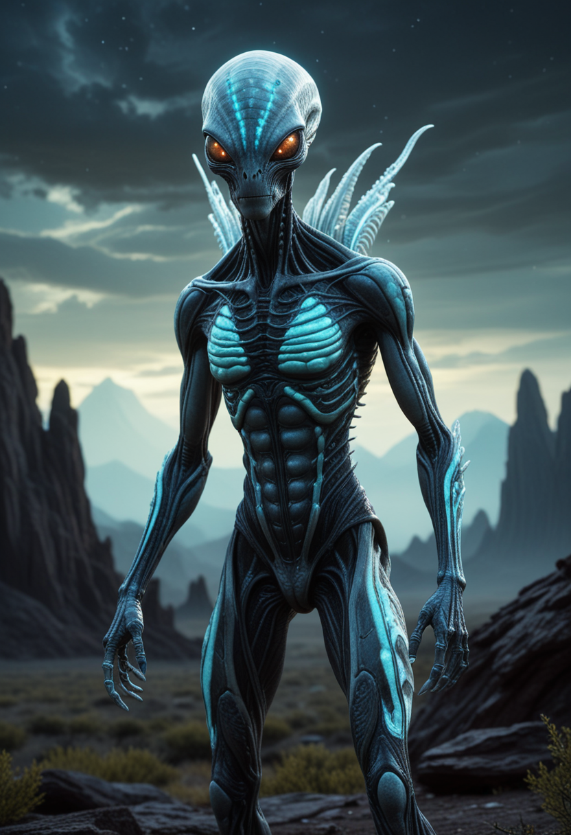 (medium full shot) of (unsettling alien) with radiant white scaled skin, bioluminescent patterns, bipedal body, segmented antennae, large and black brown eyes, segmented antennae, hovering limbs, spines along back, set in  a mystical alien planet, with shimmering landscapes, bioluminescent features, an enchanting aura, during an alien storm, Masterpiece,best quality, photo, realistic, very aesthetic, detailed face,
