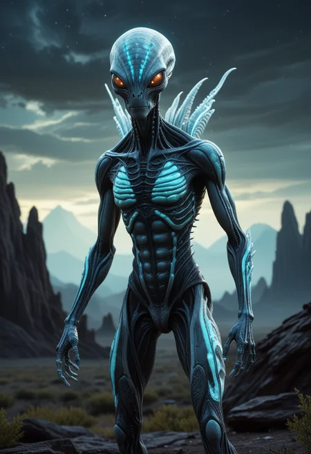 (medium full shot) of (unsettling alien) with radiant white scaled skin, bioluminescent patterns, bipedal body, segmented antennae, large and black brown eyes, segmented antennae, hovering limbs, spines along back, set in a mystical alien planet, with shimmering landscapes, bioluminescent features, an enchanting aura, during an alien storm, Masterpiece,best quality, photo, realistic, very aesthetic, detailed face,