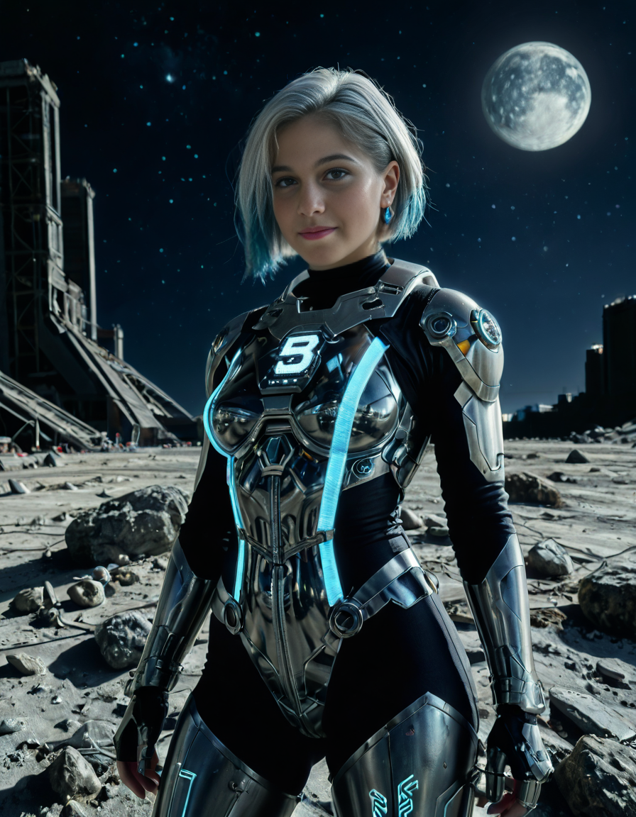 <lora:extremely_detailed:0.4> extremely detailed, <lora:moon_surf4c3_v2:1>,looking at viewer, 
A woman,white hair, standing on the surface of the Moon,moon surf4c3, dressed as a cyberpunk warrior. The woman has short silver hair with subtle neon blue highlights, slightly floating as if in low gravity. She is wearing a sleek, futuristic cyberpunk armor suit made of glossy black metallic plates and synthetic fabric, illuminated by glowing neon blue and purple accents. Her armor includes visible circuits, cables, and a partial exoskeleton on her arms and legs. She wears reinforced boots with miniature thrusters.
Her expression is determined, with a faint hint of battle scars on her face and subtle cybernetic makeup that reflects light. She holds a futuristic energy sword in one hand, the blade glowing with a translucent electric blue aura. On her left wrist, a holographic interface is projected, showing futuristic graphs and symbols.
The surface of the Moon around her is rugged and gray, covered with craters and scattered rocks. In the background, the Earth appears large and vibrant in the sky, showcasing its blue oceans and green continents. The blackness of space surrounds the scene, filled with sparkling stars. Some abandoned robotic structures or antennas are visible in the distance, adding a sense of mystery.
The lighting is a mix of cold silver moonlight and glowing reflections from her armor and weapon, creating a futuristic sci-fi atmosphere. The image is highly detailed and photorealistic, inspired by modern science fiction artwork. The dominant colors are silvery grays, neon blues, purples, and black metallic tones.<lora:SDXLFaeTastic2400:0.4>, Masterpiece,best quality,hi res,8k,hi res,8k,award winning,(sharp focus, intricate, highly detailed),