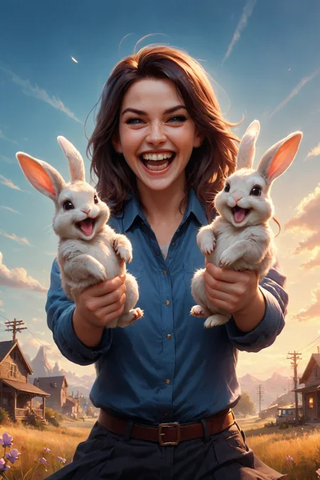 by Charlie Bowater and Pascale Campion in the style of James Gilleard , cute happy woman holding up two bunnies, maniacal laughter<lora:happy:0.35> <lora:maniacal_laughter:2.25>, dual bunnies<lora:dual_pistols:0.75> <lora:more_art:0.30><lora:RMSDXL_Enhance:0.50><lora:RMSDXL_Creative:0.50><lora:RMSDXL_Photo:0.50><lora:RMSDXL_Darkness_Cinema:0.50><lora:clothing_slider:2.00><lora:great_lighting:1.50><lora:aesthetic:1.50><lora:photorealistic_portrait:1.50><lora:extremely_detailed:1.50><lora:midjourney:-0.15><lora:dpo:0.25>