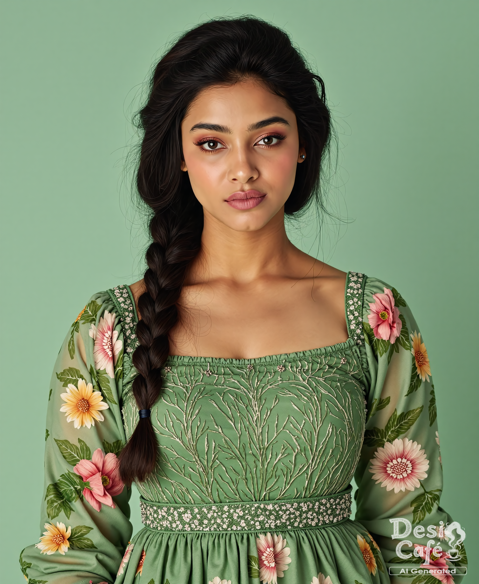 from front photo of woman with d351 h0nth lips, hyper realistic photo that is safe for work, shy smile, studio quality image with natural colors, well dressed wearing intricate long sleeved Green floral summer dress, hair styled as  french plait,muted pastel shaded multicolored background that contrasts with the person, cinematic lighting,ââ   <lora:d351 h0nth - Pouty Indian Lips - V2:1>âââ