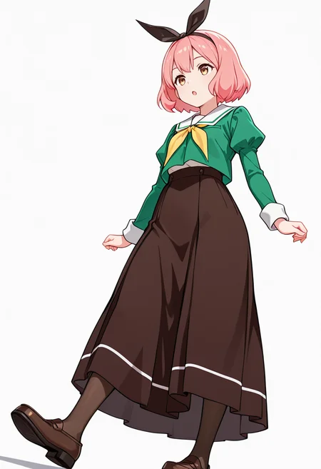 masterpiece,high quality details,absurdres,
<lora:Koshiba_Mai:0.8>
mar_cnr, 1girl, pink hair, short hair, bangs, brown eyes,black hairband,
mar_s1,green shirt, white sailor collar, serafuku,long skirt,black-brown skirt, juliet sleeves,pantyhose, loafers,, simple background, white background, from below,solo,, :o,