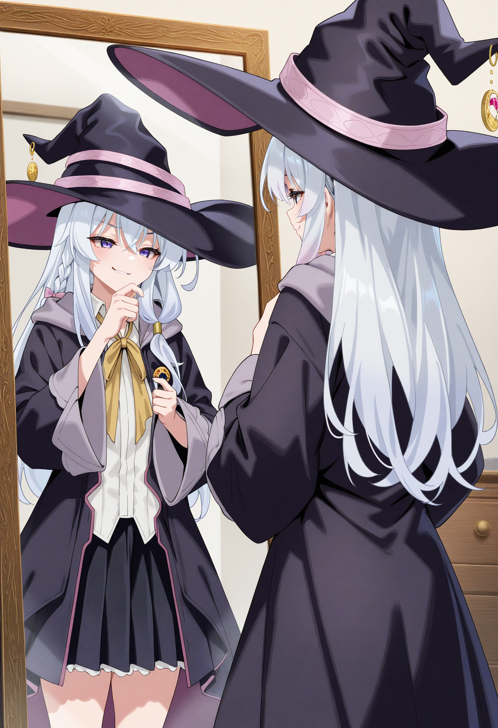 1girl, solo, aaelaina, (aoi ogata:0.7), (cle masahiro:0.9), (aoi nagisa \(metalder\):0.7), from behind,mirror reflection, indoors, bedroom, mirror, wall, purple eyes, white hair, long hair, single braid, pink hair bow, hair tubes, elainawitch, witch hat, white shirt, collared shirt, yellow neck ribbon, black robe, open robe, wide sleeves, brooch, black skirt, pleated skirt, looking at mirror, thinking, smirk, masterpiece, best quality, newest, absurdres, highres, very awa,<lora:illustrious/character/elaina_v1.0.safetensors:0.7>,