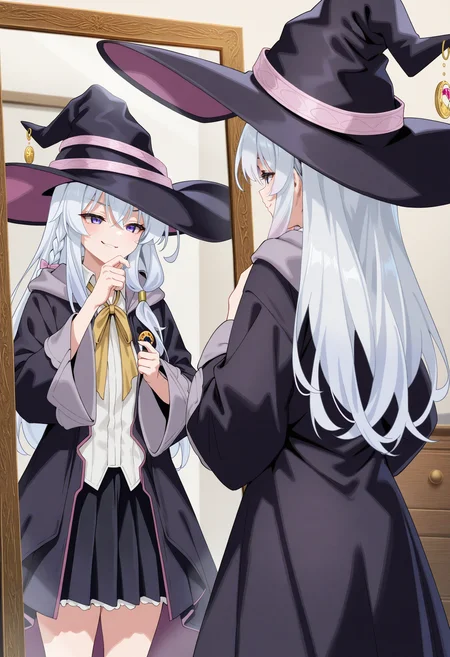 1girl, solo, aaelaina, (aoi ogata:0.7), (cle masahiro:0.9), (aoi nagisa \(metalder\):0.7), from behind,mirror reflection, indoors, bedroom, mirror, wall, purple eyes, white hair, long hair, single braid, pink hair bow, hair tubes, elainawitch, witch hat, white shirt, collared shirt, yellow neck ribbon, black robe, open robe, wide sleeves, brooch, black skirt, pleated skirt, looking at mirror, thinking, smirk, masterpiece, best quality, newest, absurdres, highres, very awa,<lora:illustrious/character/elaina_v1.0.safetensors:0.7>,