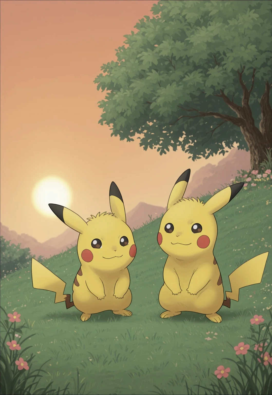 AnYnMovieStyle, pikachu /pokemon/, looking at viewer, grass, outdoors, sun, tree, flower, happy