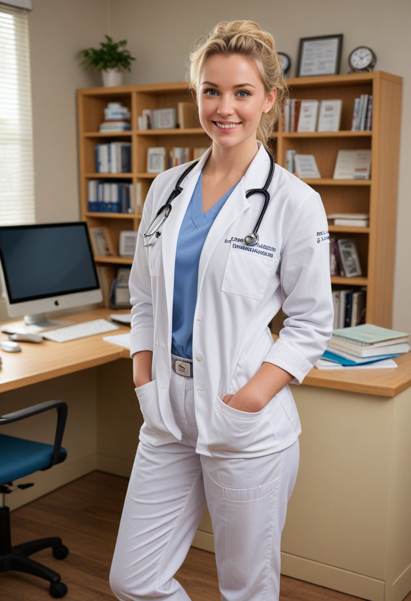 (medium full shot) of (angelic doctor) young woman, british, blue eyes, light skin, curvy, blonde French twist hair,             wearing a white   scrub top,khakis,white sneakers, penlight, smiling at the viewer, set in  doctor Office, Professional space with a large desk cluttered with patient files and medical journals, a comfortable armchair for consultations, diplomas and certifications displayed on the walls, a computer workstation with dual monitors, a bookshelf filled with medical reference books , at sunset, Masterpiece,best quality, photorealistic, amazing quality, very aesthetic, extremely detailed face,