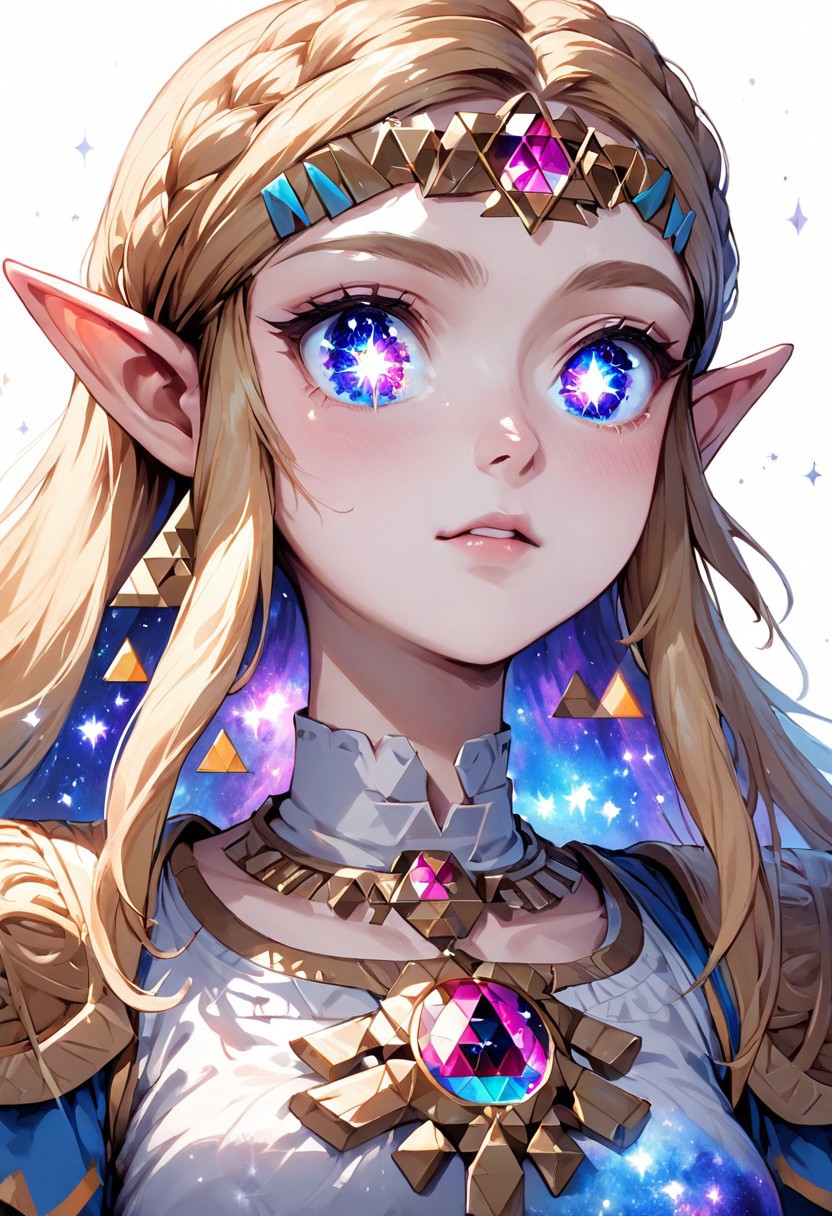 source_anime, colorful, score_9, score_8_up, score_8, (masterpiece), eyedetailxl, bettereyes, detailed_eyes, upper_body, bust, BREAK, 1girl, Princess Zelda, multicolored_eyes, (galaxy eyes:1.2), galaxy_eyes, bright_pupils, (white background)
