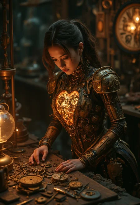 (in Otomo Katsuhiro style:1.4), high-quality, masterpiece, Photo of a female clockmaker, her heart gears visible through a transparent chest, hunched over a table filled with intricate mechanical parts, golden light from an oil lamp flickers softly in the darkened workshop, Style is Steampunk with intricate mechanical details, Lighting is Warm and soft with a vintage feel, Golden hour, close-up details, soft shadows, intricate, (elaborately detailed attire with extraordinary elements:1.1), (hyperdetailed:1.1), (intricate details:1.0), (Refined details:1.1), (best quality:1.1), (high resolution:1.2)