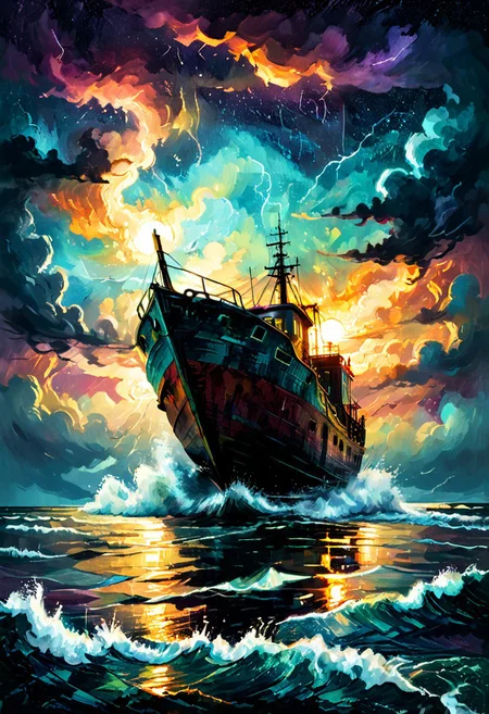 Mixed media magic. Artist James R. Eads. Stormy night over the troubled sea. drifting fishing boat, flashes of lightning on the horizon, vibrant colors, sunset influencing the sun, a fantastic vision, a detailed, complex and quality background. Old film grain, tetradic colors, rust style, vantablack aura, golden ratio, rule of thirds, cinematic lighting Dark and magical realism. Complementary poisonous colors with deep zoom Memphis style, abstract bokeh background with deep zoom<lora:xl_more_art-full_v1:0.3>