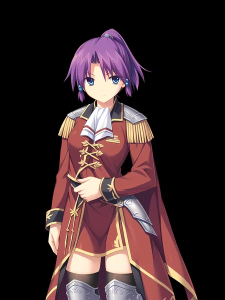 <lora:Madou_Koukaku_-_Eushully:1>,eushully,patirna,1girl,solo,purple hair,armor,short hair,blue eyes,hair beads,thighhighs,boots,ponytail,epaulettes,ascot,simple background,black background,cowboy shot,, score_9, score_8_up, score_7_up,source_anime,(masterpiece),(best quality),(ultra-detailed),(best illustration),(best shadow),(absurdres),(detailed background),(very aesthetic),source_anime