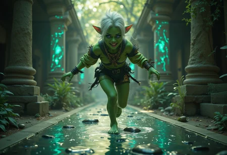 Barvrek, a beautiful orc woman with deep green skin, short pointy ears, athletic body type, and pixie cut bright white hair, and expressive glowing lavender purple eyes, she is wearing dark green lipstick and dark green shadow,
Imagine her skipping stones across a shining metallic reflecting pool made of mirror in an ancient temple park.
She’s dressed in a modern fusion of traditional garments and tech-infused clothing, with subtle glowing golden  patterns running through her robes. 
She skips joyful across the stones, her foot already reaching the next stone.
The pool made of mirror reflects her skipping and the temple park.
The temple’s walls are overgrown with cyan vines, and rays of sunlight filter through the dense canopy above. The atmosphere is tranquil and spiritual.
The image uses dominate colours of deep bright green, cyan and gold.
The composition uses the rule of thirds, he viewpoint is low close to the pool surface. We see her complete reflection and her skipping in the image.
Characters should have soft, rounded features with expressive faces and exaggerated proportions. The environment should be bright, playful, and rich in color, with soft lighting and smooth textures. Shadows and highlights should be subtle, and the overall aesthetic should evoke warmth, charm, and a sense of wonder, while maintaining clear detail in every element.
aidmaGlow