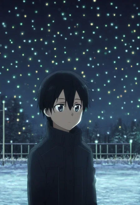 high resolution, solo, best quality, 1Boy, Kazuto Kirigaya, Black Hair, Black Eyes, winter, Northern Lights, Stargazing, OverallDetail