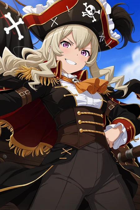 masterpiece, best quality, amazing quality,
<lora:Claudine_IL:1> claudine, 1girl, hat, blonde hair, smile, solo, pirate hat, long hair, pirate, hat feather, epaulettes, looking at viewer, grin, purple eyes, ascot, pants
