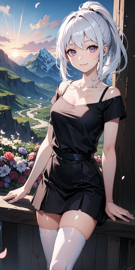 1girl, ponytail,white hair, purple eyes, t-shirt, skirt, thighhighs, flower, petals, light smile,medium breasts, collarbone, depth of field, petals, (illustration:1.1), landscape, background, abstract, mountainous horizon, cloud, sun,