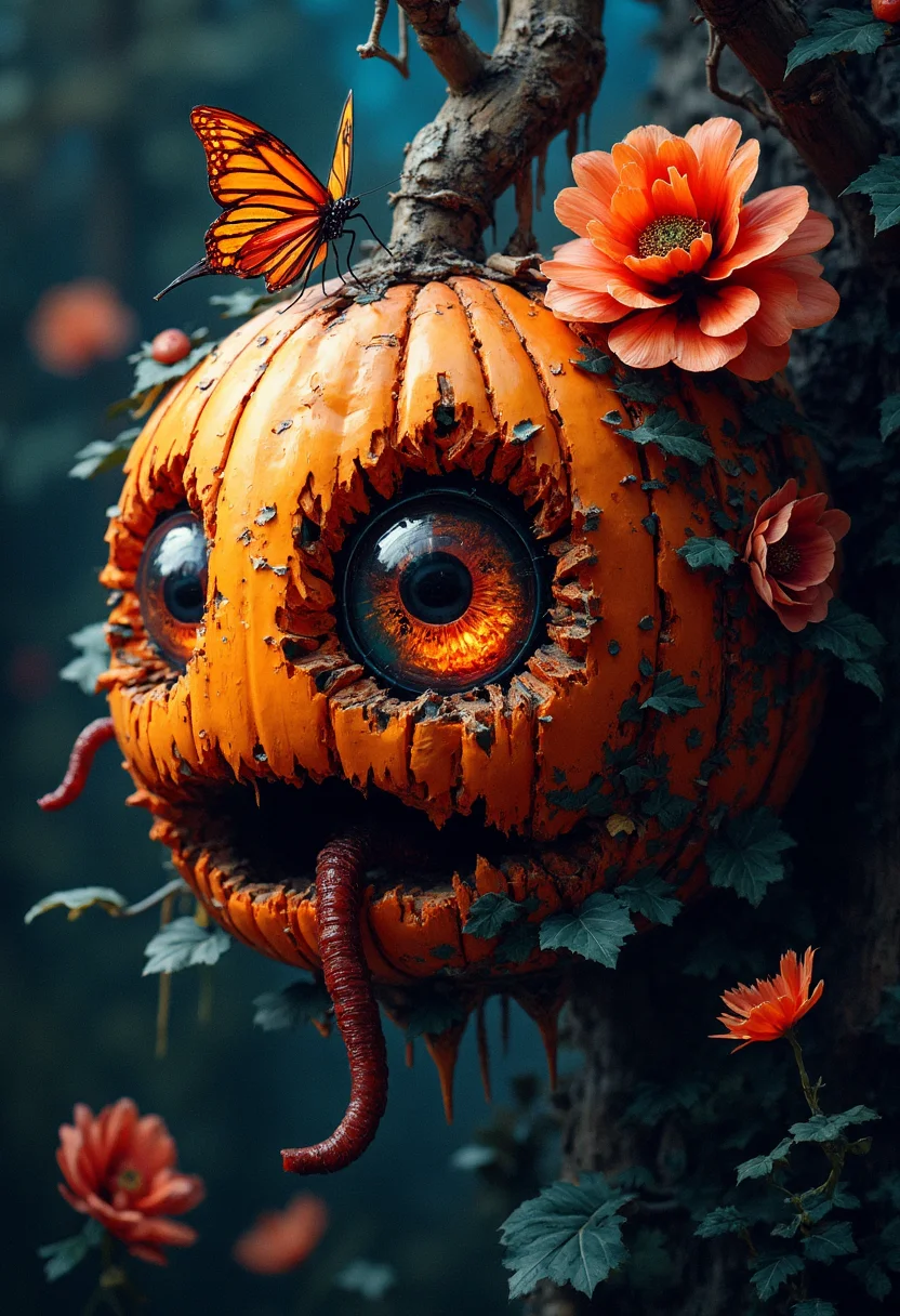 surreal and hyperrealistic enhanced digital painting, mixed-media, collage, assemblage, layered paper style, paper quilled, papercraft of a spooky neon glowing halloween pumpkin , with a spline on the core, made of paper and an orange-red poppy flower blooming from it , hanging from a rope pending from a tree branch. In the middle of the pumpkin, a large googly eyeball with glossy neon amber-orange irises surrounded by dark pupils, giving it an expressive and creepy appearance, the eyeball emerges like wanting to watch everything, giving the feeling that the pumpkin is alive, tearing the walls of the pumpkin through two hands that make their way through the skin. A butterfly poses over the flower like is alive. A worm emerges from the mouth, All is made out of newspaper , construction crumpled paper, paper mache, paper scraps and paper cut-ups, featured on top of a backyard, dramatic lighting, steam haze around, rainbow colors, rainbow smoke explosion, light leaks, particle lighting, dymic view, complex background, photo studio, angular, altermodern, surreal, intrincate, best quality, masterpiece, realistic, concept art, cinematic<lora:aidma-Image Upgrader-v0.1.safetensors:1.0:1.0> <lora:FluxDFaeTasticDetails.safetensors:0.8:1.0>