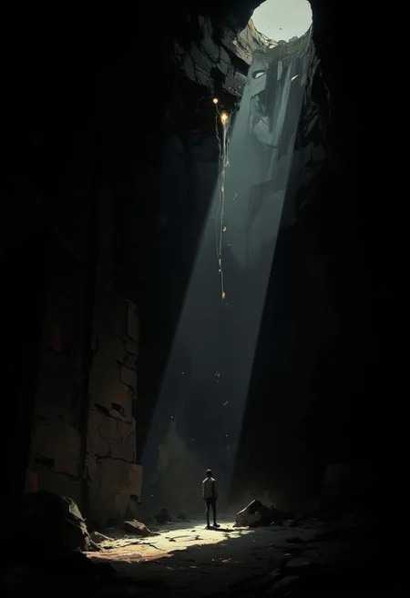 A deep, shadowed space shrouded in darkness, where a single piercing ray of light spills from the corner, cutting through the gloom like a blade. The beam cascades in soft, dust-laden streaks, illuminating floating particles as they drift in the still air. Shadows stretch and bend, their edges melting into the void, while the faint glow reveals the worn texture of unseen surfaces—a cracked wall, a weathered floor, the faint outline of something just beyond reach. The contrast is stark, the light fragile yet unwavering against the suffocating blackness, evoking a sense of mystery, solitude, and the quiet weight of time. moody atmosphere, high-contrast lighting, eerie minimalism, surreal tension, haunting beauty