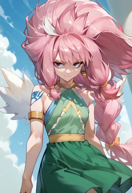 score_9, score_7, absurdres, zPDXL3, Expressiveh BREAK blue sky, 1girl, solo, cowboy shot, fusion, smile, irbe, (braid, twin braids, long braid), absurdly long hair, big hair, earrings, ring hair ornament, Wendy Marvell, pink eyes, pink hair, spiked hair, green dress, bare shoulders,armlet,tattoo, toned, BREAK, White wings BREAK Wendy_Marvell, tattoo, green_dress, sleeveless_dress, bare_shoulders