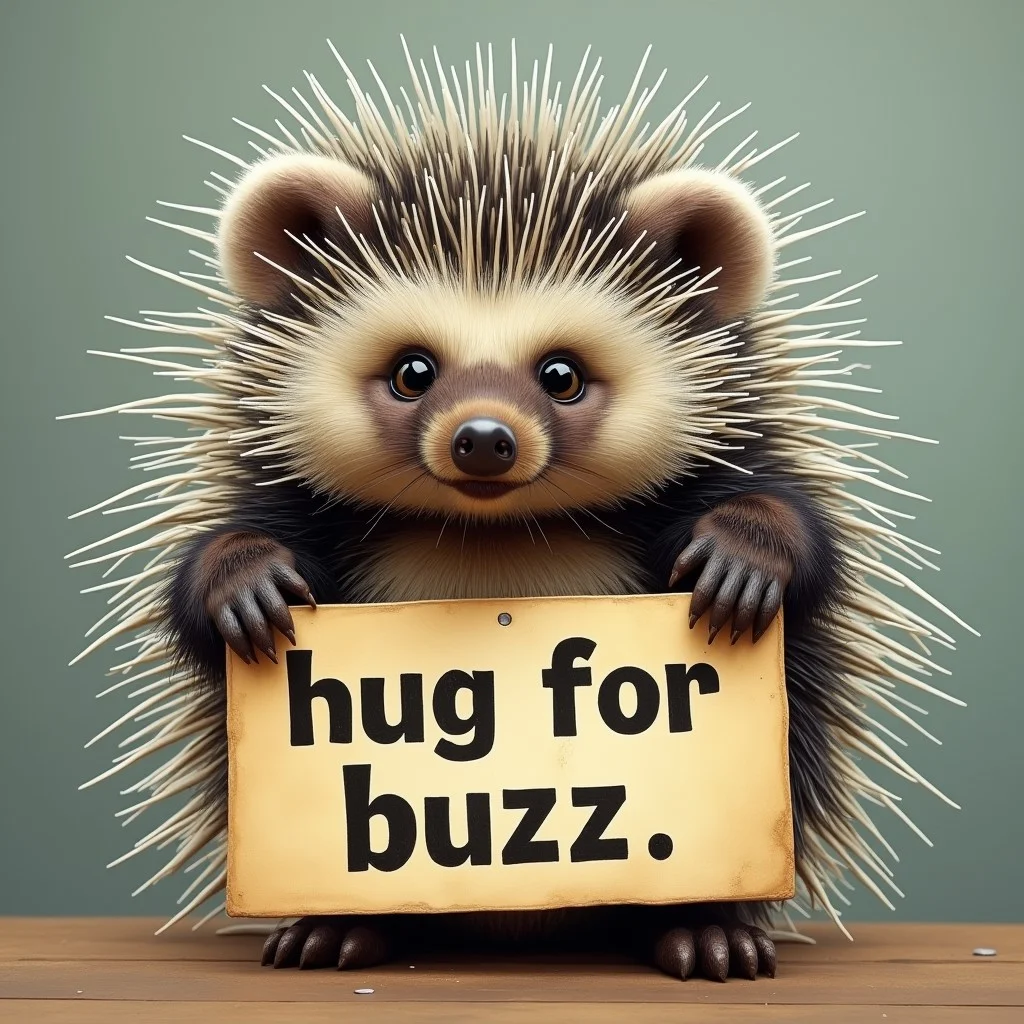 A porcupine holding a sign with the text “hug for buzz