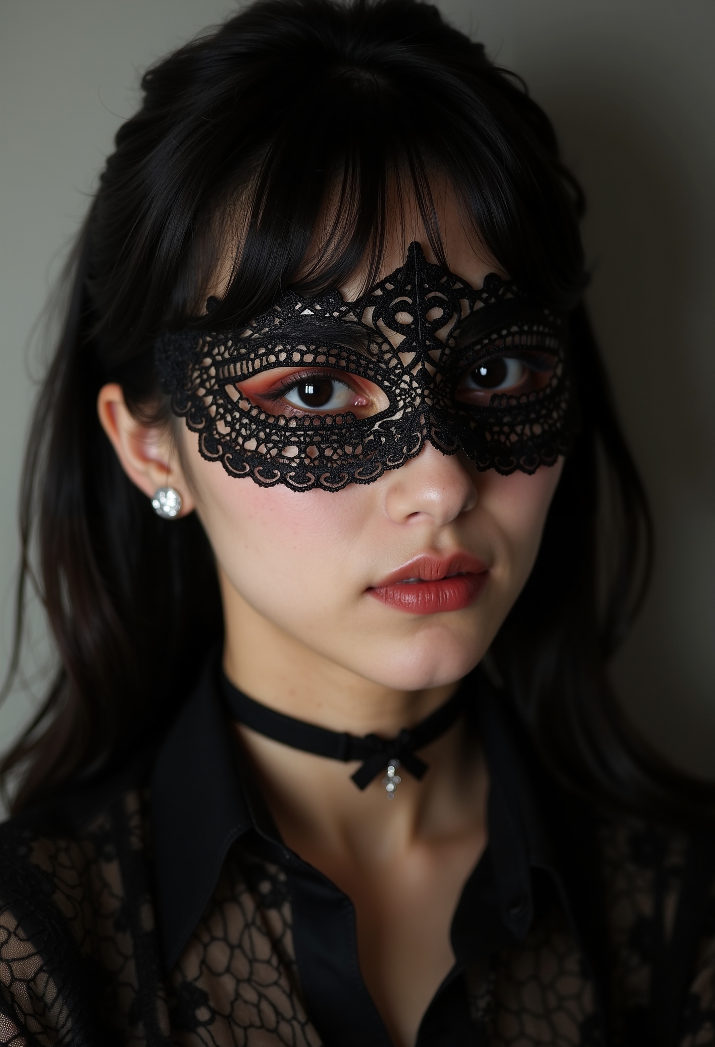 japanese woman with vintage long hairstyle and classic makeup, high contrast lighting, clo012, wearing a black lace eye mask with delicate, symmetrical patterns, and a lace shirt